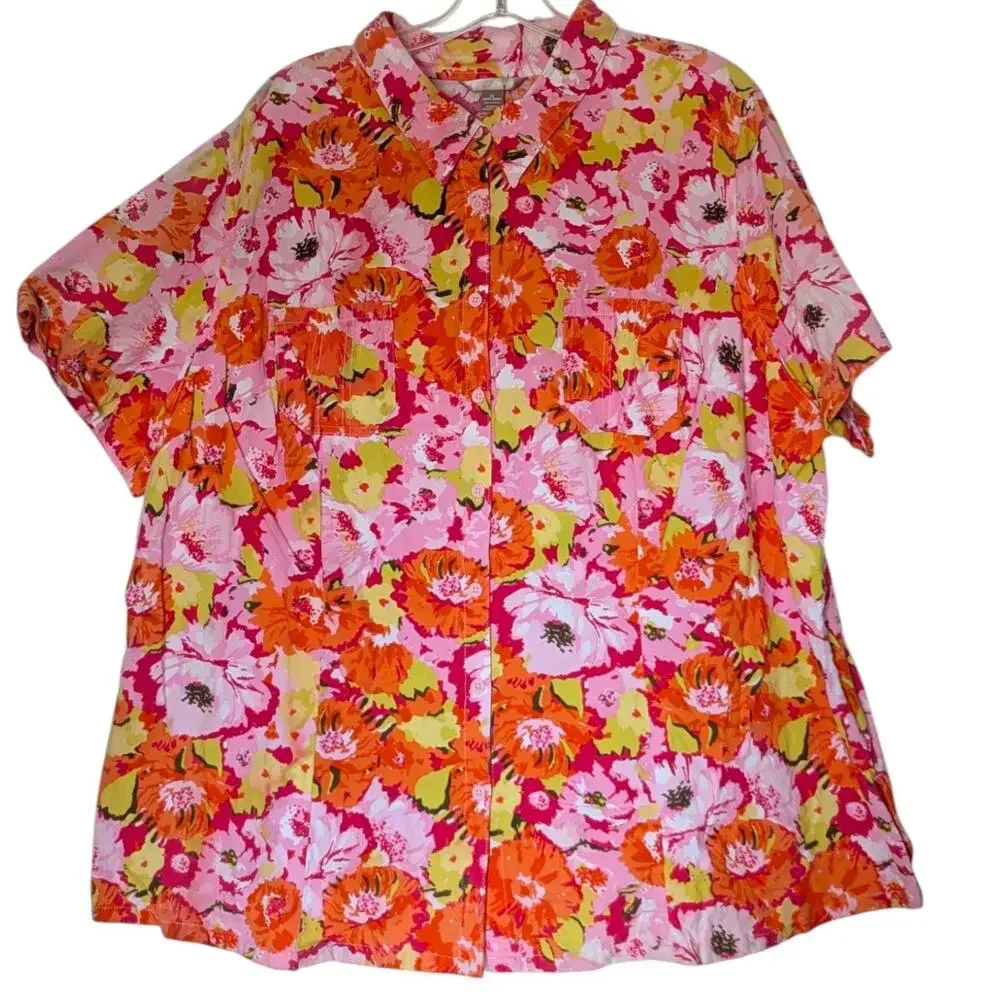 White Stag Shirt Womens 3X Pink Floral‎ Button Up Short Sleeve Cotton Plus Top